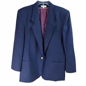 TALBOTS Vintage Womens Navy Blue Wool Lined Blazer Jacket Size 14 Gold Buttons